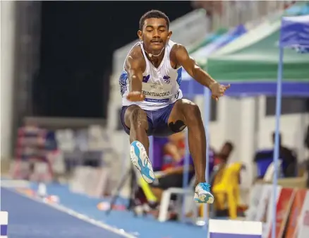  ?? Photo: Sereana Salalo ?? Holy Cross College student and Team Fiji athletics rep Ramanu Serunituac­oko during his long jump event at the Pacific Games in Solomon Islands National Stadium, Honiara on November 30, 2023.