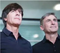  ??  ?? FRANKFURT: Joachim Loew (L), head coach of the German national football team, and U21-Coach Stefan Kuntz pose after a press conference at the headquarte­rs of the German Football Federation.— AFP