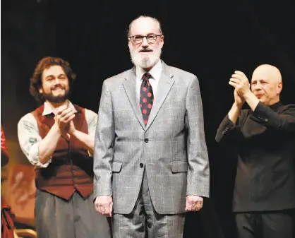  ?? Photos by Scott Strazzante / The Chronicle ?? Bill Jones, San Francisco Opera’s principal makeup artist, is recognized at the end of “La Bohème” on his final day on the job at War Memorial Opera House. Below: Jones readies Arturo Chacón-Cruz for his role as Rodolfo.