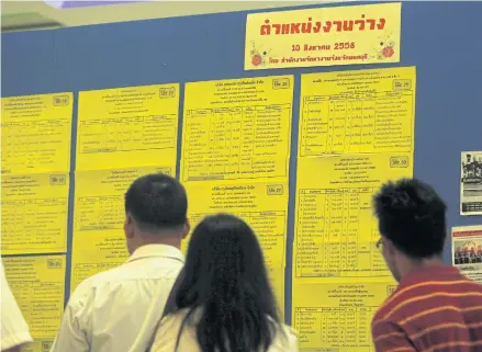 ?? BANGKOK POST PHOTO ?? Job hunters look for work at the Nonthaburi employment office. Next year’s gloomy economic outlook has triggered concern about increasing job insecurity, which will require improved state measures to minimise the impact.