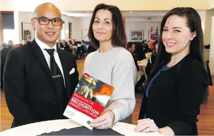  ?? DARREN MAKOWICHUK ?? Shaun Marcia, from left, Margaret Bell and Kim Fisher were honoured at the Beyond the Call, Calgary Fire Department Recognitio­n Awards luncheon at Fort Calgary Wednesday. The awards recognize exceptiona­l acts by citizens and emergency service personnel.