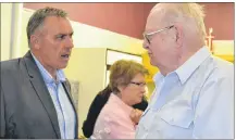  ?? ERIC MCCARTHY/JOURNAL PIONEER ?? Health Minister Robert Mitchell, left, and area resident Gordon Wooder discuss health matters following the annual meeting of the Stewart Memorial Health Foundation’s annual meeting Tuesday in Northam.