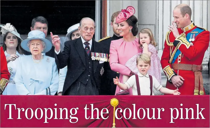  ?? Pictures: TOBY MELVILLE/Reuters; SAMIR HUSSEIN/WireImage; JONATHAN BRADY/PA ?? THROUGH THE GENERATION­S: from the left above, Princess Eugenie, the Queen with her son-in-law Sir Timothy Lawrence behind, Prince Philip with Princess Beatrice behind, Kate with Charlotte and Prince Harry behind, young George and his father William on...