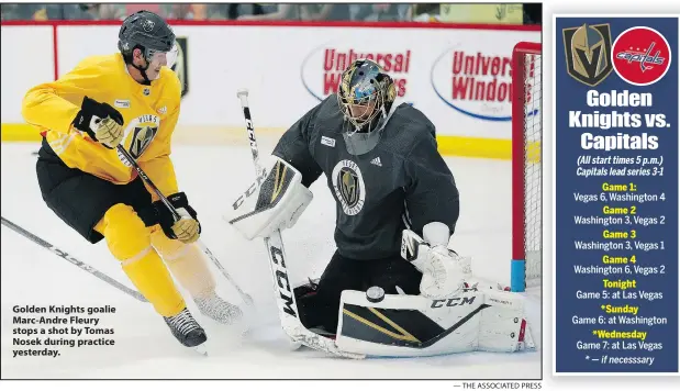  ?? — THE ASSOCIATED PRESS ?? Golden Knights goalie Marc-Andre Fleury stops a shot by Tomas Nosek during practice yesterday.