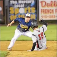  ?? SAM STEWART - DIGITAL FIRST MEDIA ?? Pope John Paul II second baseman Ryan Lynn applies the tag on Boyertown’s Noah Kurtz as Kurtz slides into second safely with a stolen base.