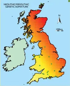  ??  ?? Above: Mesolithic ancestry in Neolithic population­s in Britain increases from south-west to north-east, perhaps reflecting separate arrivals of people from west and east, with more native mixing in Scotland