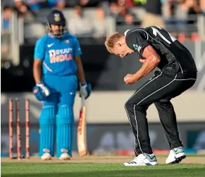  ?? PHOTOSPORT ?? Black Caps seamer Kyle Jamieson celebrates capturing the wicket of India’s Prithvi Shaw during his ODI debut at Eden Park in Auckland.