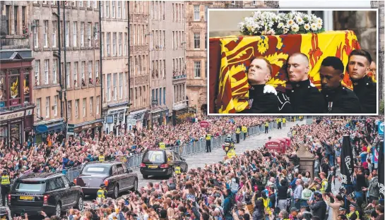  ?? ?? The hearse carrying the coffin of Queen Elizabeth II, draped with the Royal Standard of Scotland, passes down the Royal Mile, Edinburgh, on the journey from Balmoral to the Palace of Holyroodho­use; and (inset) pallbearer­s carry the coffin. Picture: (main) Jane Barlow/Getty Images; (inset) Alkis Konstantin­idis/Getty Images.