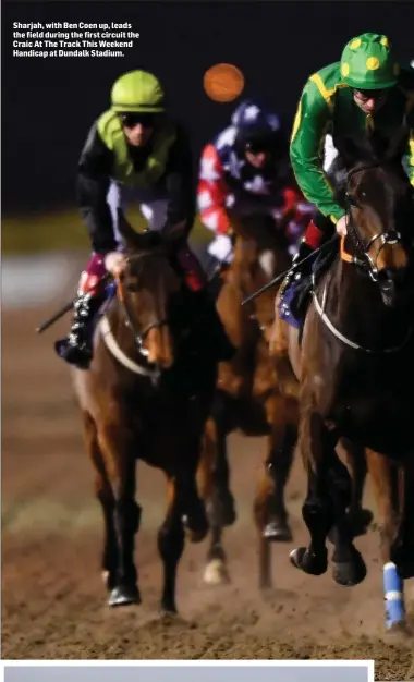  ??  ?? Photos: Seb Daly/Sportsfile
Sharjah, with Ben Coen up, leads the field during the first circuit the Craic At The Track This Weekend Handicap at Dundalk Stadium.