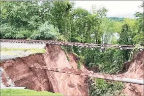  ?? IAFF Local 4662 / Contribute­d photo ?? A massive sinkhole opened up following storm Ida, leaving the railroad tracks in the air near the 13th hole at the TPC at River Highlands in Cromwell.
