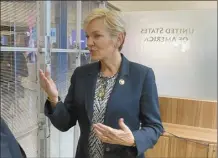  ?? AP photo ?? U.S. Energy Secretary Jennifer Granholm gestures as she speaks at the UN offices in Vienna on Monday. Granholm has emphasized the importance of nuclear fusion as a pioneering and future-oriented technology in the clean energy transition.