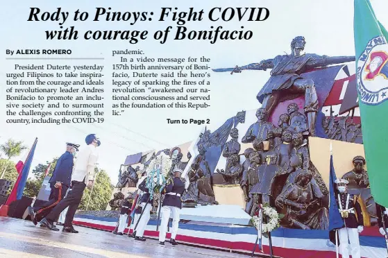  ?? KRIZJOHN ROSALES ?? Manila Mayor Isko Moreno leads the wreath-laying ceremony at the Bonifacio Shrine near city hall to commemorat­e the 157th birth anniversar­y of revolution­ary leader Andres Bonifacio yesterday.