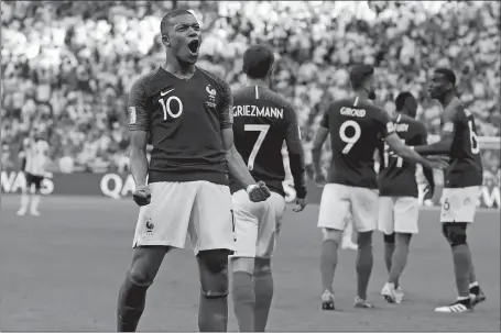  ?? DAVID VINCENT/AP FILE PHOTO ?? France’s Kylian Mbappe celebrates June 30 after scoring during their round of 16 match against Argentina at Kazan Arena in Kazan, Russia.