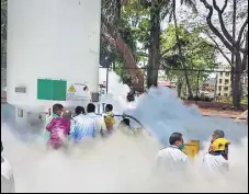  ?? PTI ?? Medical oxygen gas leaks out from a storage unit at Zakir Hussain Municipal Hospital in Nashik on Wednesday.