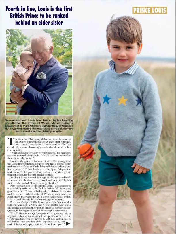  ?? ?? Seven-month-old Louis is embraced by his beaming grandfathe­r the Prince of Wales (above) during a photoshoot to mark Charles’s 70th birthday at Clarence House; and (right) the four-year-old royal has blossomed
into a cheeky and confident youngster