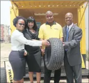  ?? PICTURES: ZANELE ZULU ?? FROM left: Thuli Glelekile; Yvette Govender, director: marketing & business developmen­t, Sumitomo Rubber SA; Sandile Sithole (tyre trader testimonia­l) and Henal Konjela at the launch of the partnershi­p between Ithala and Sumitomo to assist township...