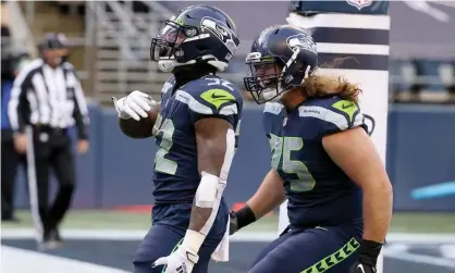  ?? Photograph: Abbie Parr/Getty Images ?? Former Seattle Seahawks lineman Chad Wheeler, right, celebrates during a December game againstthe New York Jets.