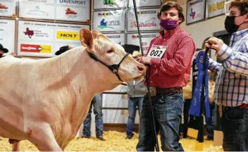  ?? Marvin Pfeiffer / Staff photograph­er ?? Braxton Buckner, 18, with New Home FFA, shows his Reserve Grand Champion steer, Yeti, on Saturday at the 2021 San Antonio Stock Show & Rodeo’s auction. A group of 14 buyers had the winning bid of $39,000.