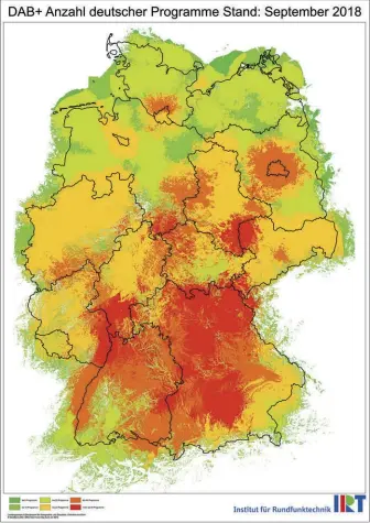  ??  ?? Die Grafik zeigt einen aktuellen Überblick, wie viele Programme in den einzelnen Regionen Deutschlan­ds per DAB Plus zu empfangen sind