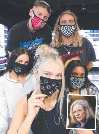  ??  ?? Tiegan Blockley (left), Jacob Mason, Karla Bodycote, Dylan Harris and Natasha Ram showcasing a popular range of Culture Kings face masks – which may no longer be required in many places soon; (inset) Jeannette Young. Main picture: Glenn Hampson