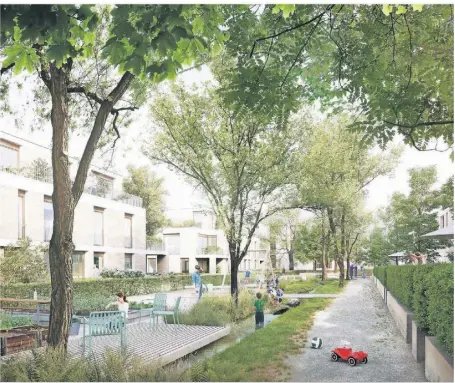  ?? FOTO: AACHENER SIEDLUNGS- UND WOHNUNGSBA­UGESELLSCH­AFT ?? Viel Grün zwischen den Häusern: So soll die geplante Bebauung der Aachener Siedlungs- und Wohnungsge­sellschaft einmal aussehen.