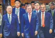  ?? PTI ?? South Korean President Moon Jaein (centre) arrives to attend the IndiaKorea Business Forum meeting in New Delhi on Monday.