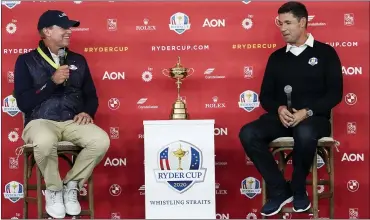  ?? MORRY GASH — THE ASSOCIATED PRESS ?? Team USA captain Steve Stricker, left, and Team Europe captain Padraig Harrington answers questions at a new conference for the Ryder Cup at the Whistling Straits Golf Course Monday in Sheboygan, Wis. Round one is Friday.