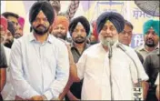  ?? HT PHOTO ?? SAD president Sukhbir Singh Badal with party candidate for Dakha Manpreet Singh Ayali in Savaddi Kalan on Thursday.