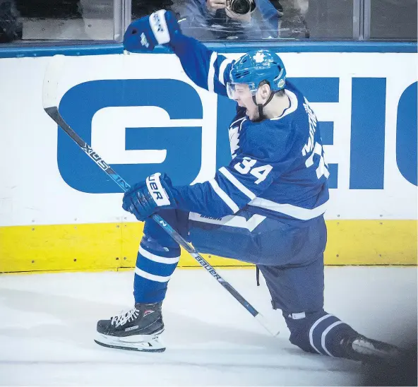  ?? — PETER J THOMPSON ?? Toronto’s Auston Matthews celebrates a goal against Boston in Game 3 in the first round of the Stanley Cup Playoffs at Toronto’s Air Canada Centre on Monday. The Maple Leafs won 4-2, but Boston leads the best-of-seven series two games to one.