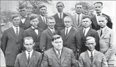  ?? Photo provided/Mercer County Historical Society ?? St. Bernard Church Choir, Burkettsvi­lle, 1924. Front row: Henry Herman, H.J. Reichert, Joseph Schaeper. Second row: Julius Mestermach­er, Joseph Rammel, John Buehler, Leo Schaeper, Organist; A.P. Kothman, Aloys Hinders. Back row: Louis Mader, Joseph G. Stammen, Otto Mader, John Stammen, Joseph Kaup.