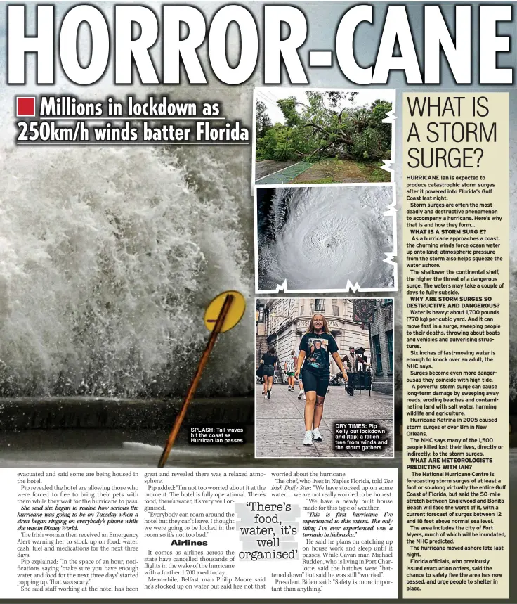  ?? ?? SPLASH: Tall waves hit the coast as Hurrican Ian passes
DRY TIMES: Pip Kelly out lockdown and (top) a fallen tree from winds and the storm gathers