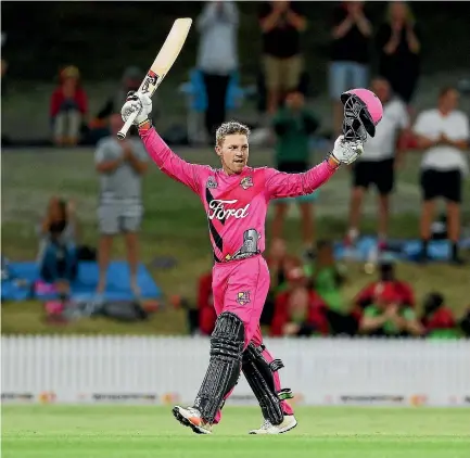  ?? PHOTOSPORT ?? Knights batsman Tim Seifert celebrates his hundred in the Super Smash Twenty20 cricket match against the Auckland Aces at Bay Oval, Mount Maunganui.