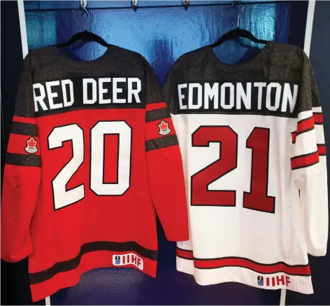  ?? DAVID BLOOM ?? Team Canada jerseys hang at Rogers Place for Thursday’s announceme­nt that Red Deer and Edmonton will co-host the 2021 world juniors.