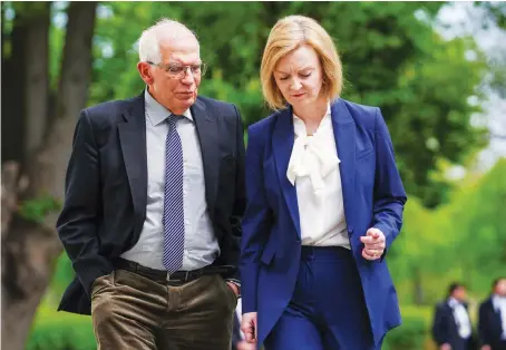  ?? Reuters ?? EU foreign policy chief Joseph Borrell with British Foreign Secretary Elizabeth Truss during G7 foreign ministers’ summit in Weissenhae­user Strand, Germany.