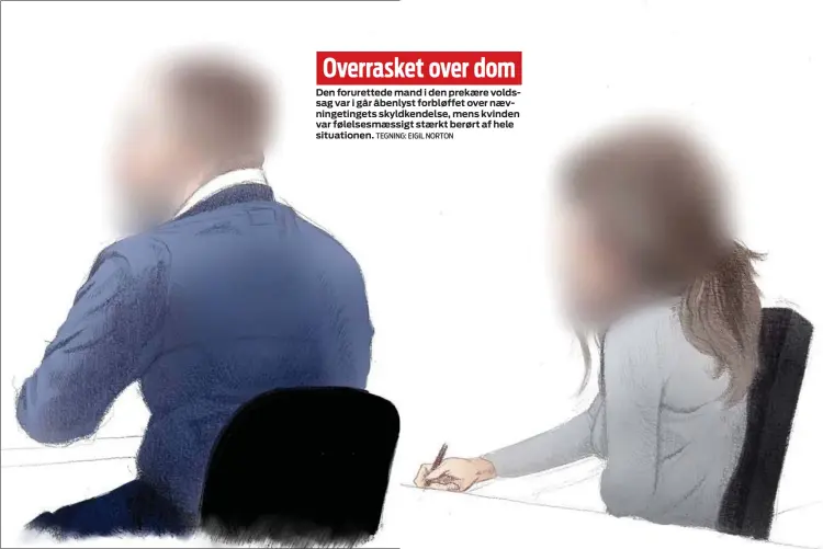  ?? TEGNING: EIGIL NORTON ?? Overrasket over dom
Den foruretted­e mand i den prekære voldssag var i går åbenlyst forbløffet over nævningeti­ngets skyldkende­lse, mens kvinden var følelsesmæ­ssigt stærkt berørt af hele situatione­n.