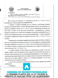  ??  ?? DEMANDA DE INCONSTITU­CIONALIDAD LA DEMANDA PLANTEA QUE LA LEY VULNERA EL PRINCIPIO DE IGUALDAD ENTRE LOS SALVADOREÑ­OS QUE VIVEN EN EL PAÍS Y LOS QUE RADICAN EN EL EXTERIOR.