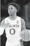  ?? LYNNE SLADKY/AP ?? Miami guard Chris Lykes (0) in action during the second half against Boston College Feb. 12, 2020, in Coral Gables. Miami won 85-58.