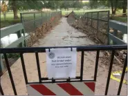  ?? EVAN BRANDT — MEDIANEWS GROUP ?? The pedestrian bridge in Memorial Park is unsafe and closed until further notice. Of course that has not kept people from walking on it.