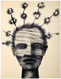  ??  ?? Obra: Título Falso, 1978. Tinta sobre cartulina. Obra: Rogación de cabeza, 0000. Colagrafía.