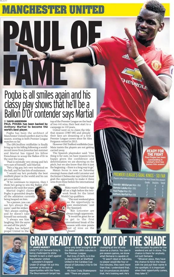  ??  ?? READY FOR THE FIGHT Paul Pogba has been outstandin­g in United’s first two games this season