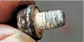  ??  ?? The original high-quality single small bolt that held the cylinder in place. Once cleaned it was determined that the bolt had not corroded, it had been seized by corrosion within the threaded hole in the alloy cylinder. As with the bleed nipple the...