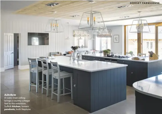  ??  ?? Kitchen
A rustic inset ceiling brings a country cottage feel to the extension. Suffolk kitchen; lantern pendants, both Neptune