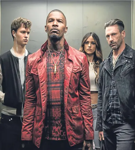  ??  ?? Ansel Elgort as Baby, Jamie Foxx as Bats, Eiza Gonzalez as Darling and Jon Hamm as Buddy in Baby Driver.