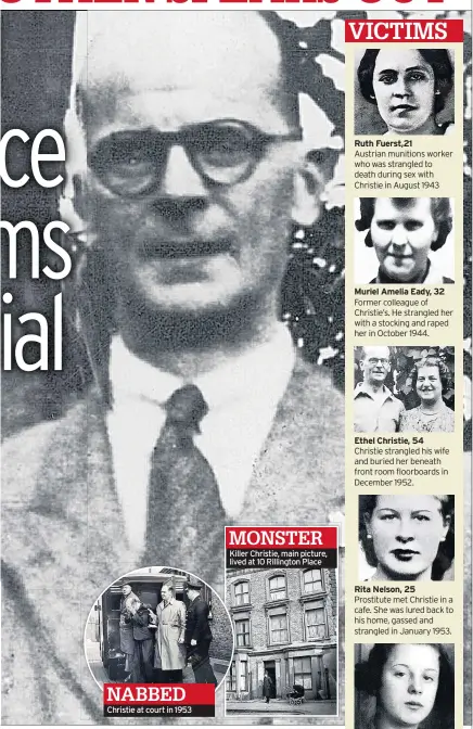  ??  ?? Christie at court in 1953
MONSTER Killer Christie, main picture, lived at 10 Rillington Place