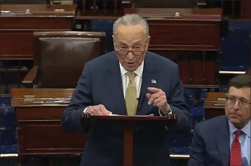  ?? SENATE TELEVISION ?? Senate Majority Leader Chuck Schumer of New York speaks on the Senate floor at the Capitol in Washington on Wednesday.