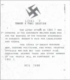  ?? SUBMITTED IMAGE ?? This is one of the letters Roger Bell sent to media and police during his reign of terror. Bell’s writings suggested a man obsessed with Nazi beliefs, a person with a serious grudge and a man who despised politician­s and judges.