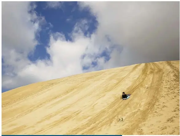  ?? LIZ BEDDALL PHOTOS ?? The Te Paki sand dunes are not only a prime sliding spot, but offer incredible panoramic views of the northernmo­st tip of North Island, New Zealand.