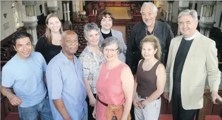 ?? JULIE OLIVER ?? A group of religious leaders gather at Christ Church Cathedral — where its now 178-year-old bell rang in Confederat­ion on July 1, 1867. They include, from left: the sexton for Christ Church Cathedral (CCC) Nelson Figueroa, choir alumni Jessica Wilson,...