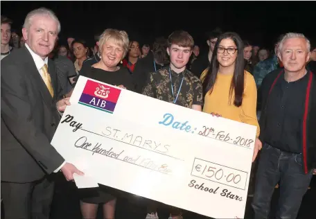  ??  ?? Finn Fitzgerald accepts his cheque at the AIB School Stars finals 2018.