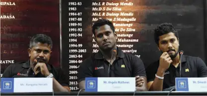  ??  ?? COLOMBO: Sri Lanka captain Angelo Mathews (C), Sri Lanka’s oldest ever skipper Rangana Herath (L) and Dinesh Chandimal look on during a press conference in Colombo yesterday. Sri Lanka’s oldest ever skipper Rangana Herath said he hoped to build on the...